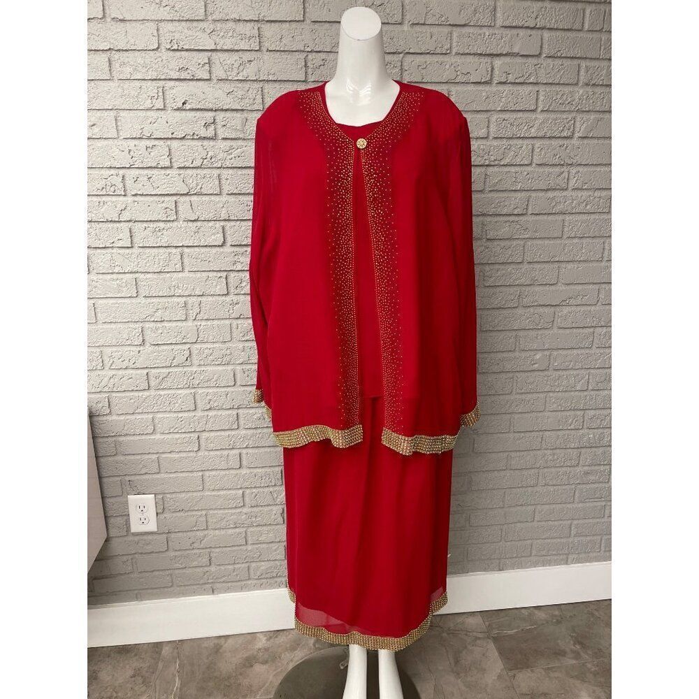 Hosanna Design Women Red & Gold Embellish 3 Pcs Skirt Set Size 2XL